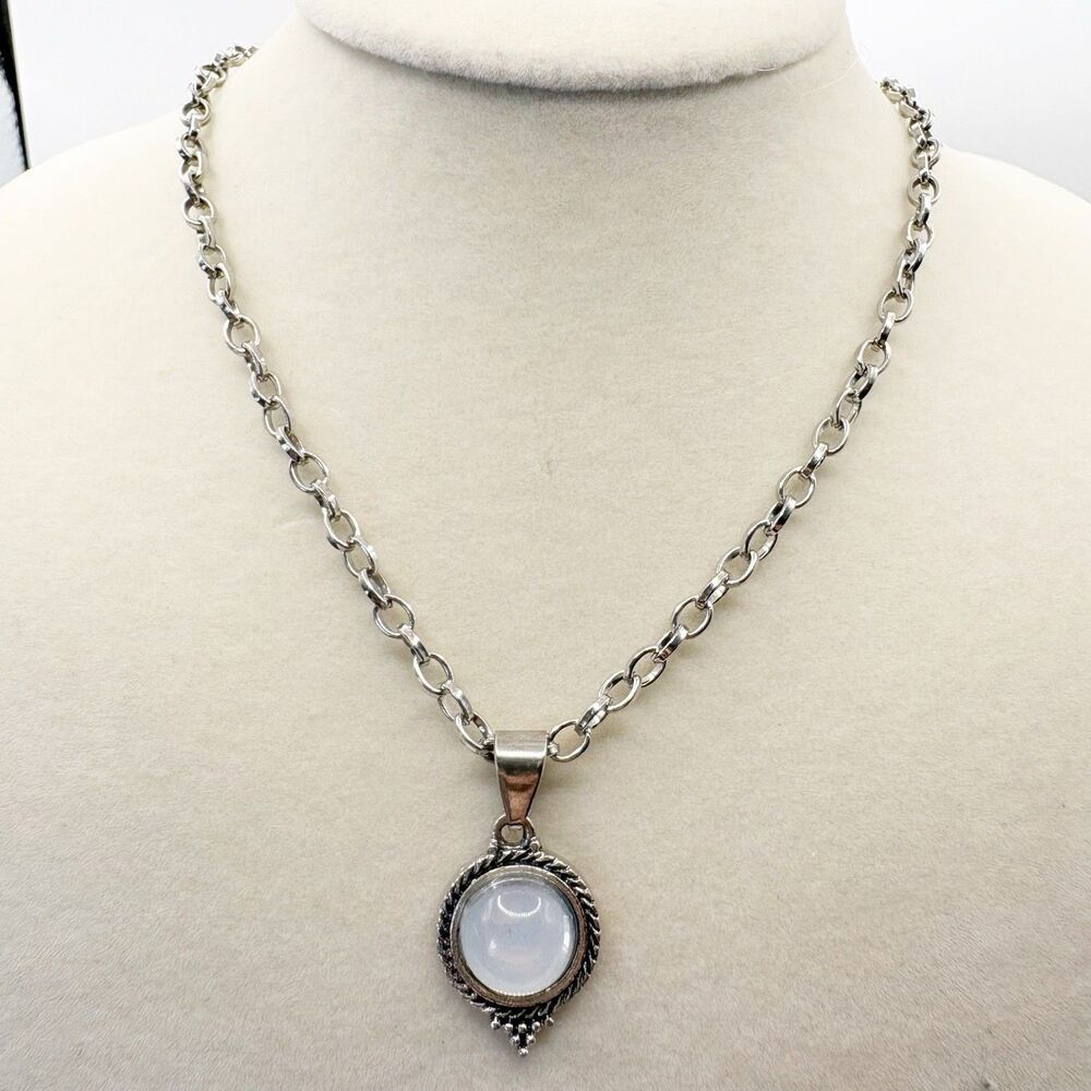 Silver Tone Necklace Moon White Stone 19” Minimalist Mystical Fashion Jewelry